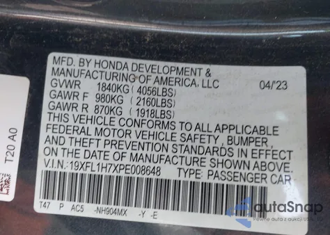 2023 Honda Civic Ex-L /Ex-L W/O Bsi из США, поврежденный, VIN 19XFL1H7XPE008648